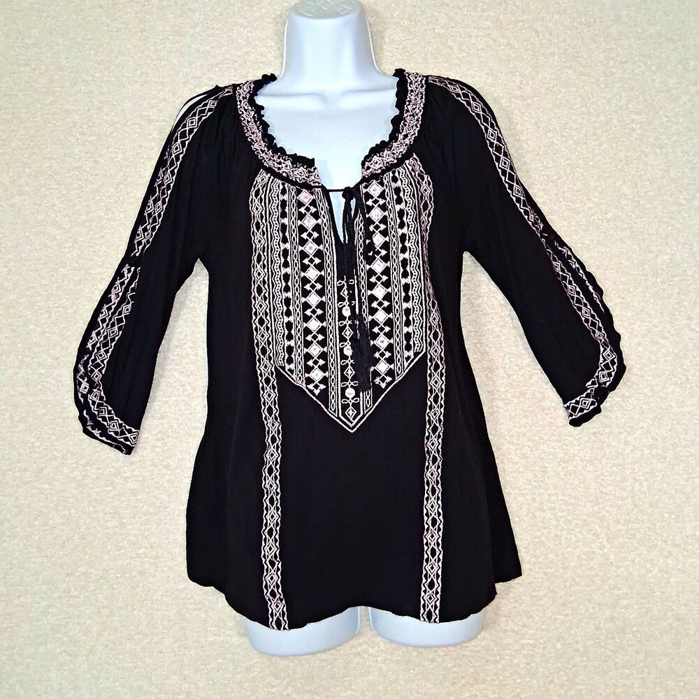 INC Embroidered Mirror Work Cold Shoulder Top Sz M Boho Festival Maximalist